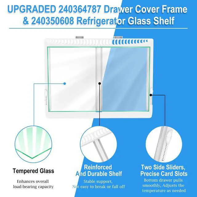 Alt view image 2 of 7 - UPGRADED 240364787 Refrigerator Crisper Drawer Cover with 240350608 Crisper Glass Replacement Compatible with Frigidaire kenmore Refrigerator Drawer Replacement, Fridge Crisper Pan Drawer Cover