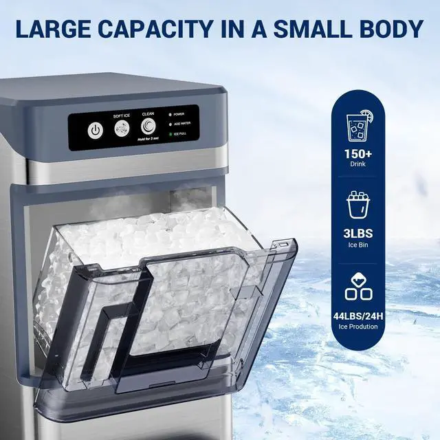 Alt view image 3 of 7 - Nugget Ice Maker Countertop, 44lbs/24H with 0.8 Gallon Tank, ETL Approval, Chewable Soft Pellet Ice Ready in 5 Mins, Stainless Steel Countertop Ice Maker with Self-Cleaning for Home, Office, RV