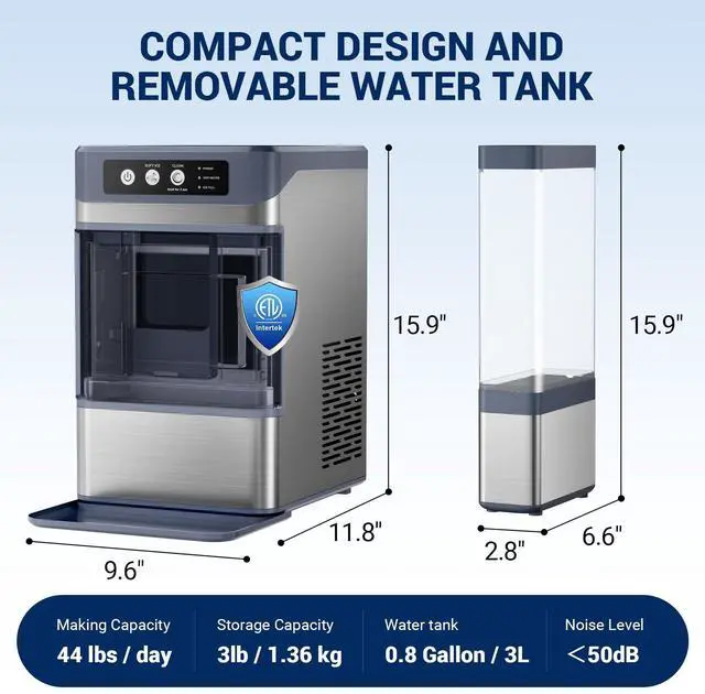 Alt view image 7 of 7 - Nugget Ice Maker Countertop, 44lbs/24H with 0.8 Gallon Tank, ETL Approval, Chewable Soft Pellet Ice Ready in 5 Mins, Stainless Steel Countertop Ice Maker with Self-Cleaning for Home, Office, RV