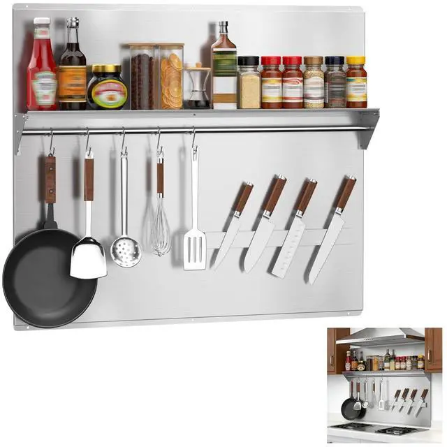 Main image of 36"x30" Stainless Steel Range Backsplash, Stove Backsplash With Storage Shelf & Magnetic Knife Rack, Stainless Steel Backsplash For Stove, Range Hood Wall Shield With Pre-Drilled Holes