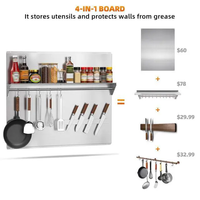 Alt view image 2 of 7 - 36"x30" Stainless Steel Range Backsplash, Stove Backsplash With Storage Shelf & Magnetic Knife Rack, Stainless Steel Backsplash For Stove, Range Hood Wall Shield With Pre-Drilled Holes