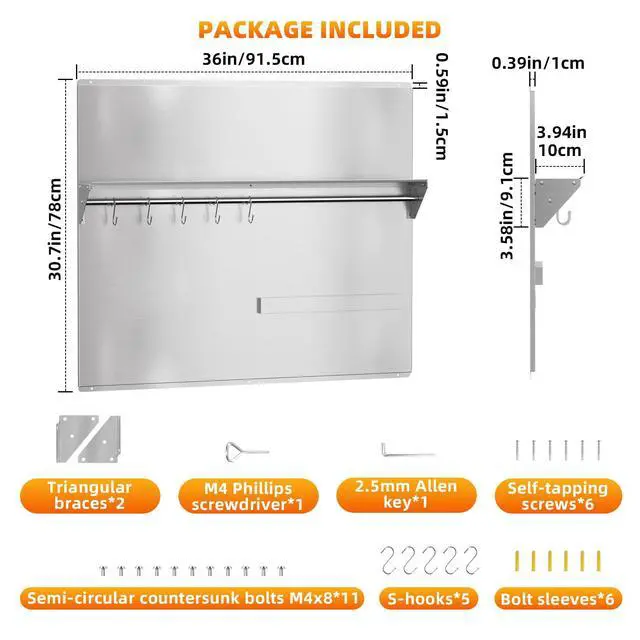 Alt view image 5 of 7 - 36"x30" Stainless Steel Range Backsplash, Stove Backsplash With Storage Shelf & Magnetic Knife Rack, Stainless Steel Backsplash For Stove, Range Hood Wall Shield With Pre-Drilled Holes