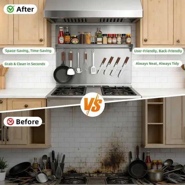 Alt view image 4 of 7 - 36"x30" Stainless Steel Range Backsplash, Stove Backsplash With Storage Shelf & Magnetic Knife Rack, Stainless Steel Backsplash For Stove, Range Hood Wall Shield With Pre-Drilled Holes