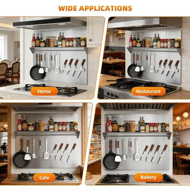 Alt view image 3 of 7 - 36"x30" Stainless Steel Range Backsplash, Stove Backsplash With Storage Shelf & Magnetic Knife Rack, Stainless Steel Backsplash For Stove, Range Hood Wall Shield With Pre-Drilled Holes