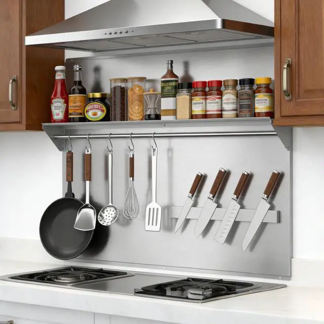 Alt view image 7 of 7 - 36"x30" Stainless Steel Range Backsplash, Stove Backsplash With Storage Shelf & Magnetic Knife Rack, Stainless Steel Backsplash For Stove, Range Hood Wall Shield With Pre-Drilled Holes