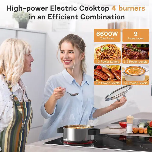 Alt view image 2 of 7 - 30 Inch Electric Cooktop, 4 Burner Electric Stove with Double Ring Burner & Extended Zone, 6600W Electrics Cooktop 220V-240V, 9 Power Levels, Slide Control, Safety Lock, Timer