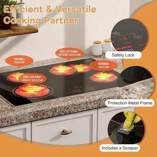 Alt view image 5 of 7 - 30 Inch Electric Cooktop, 4 Burner Electric Stove with Double Ring Burner & Extended Zone, 6600W Electrics Cooktop 220V-240V, 9 Power Levels, Slide Control, Safety Lock, Timer