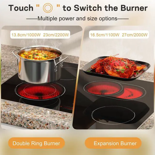 Alt view image 4 of 7 - 30 Inch Electric Cooktop, 4 Burner Electric Stove with Double Ring Burner & Extended Zone, 6600W Electrics Cooktop 220V-240V, 9 Power Levels, Slide Control, Safety Lock, Timer