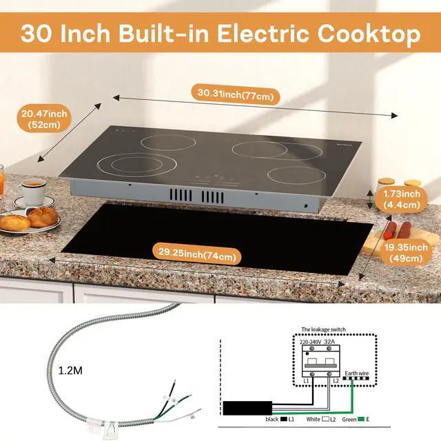 Alt view image 6 of 7 - 30 Inch Electric Cooktop, 4 Burner Electric Stove with Double Ring Burner & Extended Zone, 6600W Electrics Cooktop 220V-240V, 9 Power Levels, Slide Control, Safety Lock, Timer