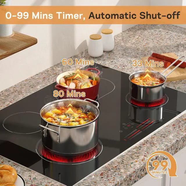 Alt view image 7 of 7 - 30 Inch Electric Cooktop, 4 Burner Electric Stove with Double Ring Burner & Extended Zone, 6600W Electrics Cooktop 220V-240V, 9 Power Levels, Slide Control, Safety Lock, Timer