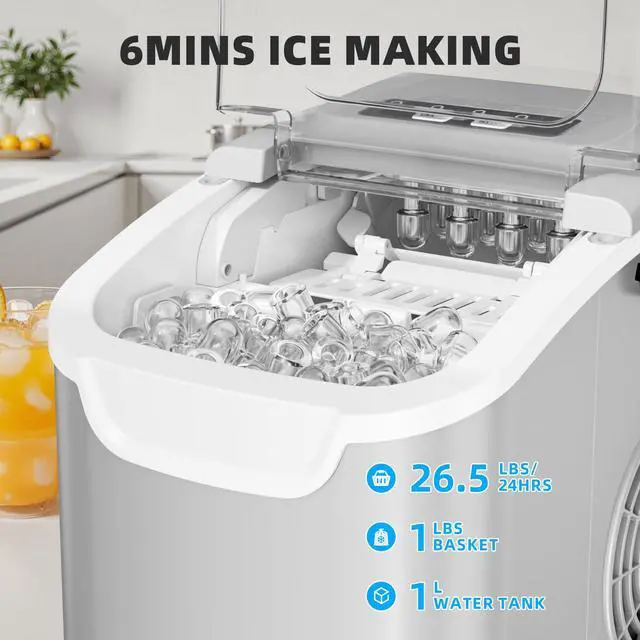 Alt view image 2 of 7 - Countertop Ice Maker, Portable Ice Machine with Carry Handle, 26.5Lbs/24H, 2 Sizes Bullet Ice, 8Cubes in 6 Mins Office/Kitchen/Bar Grey