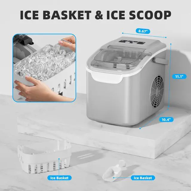 Alt view image 4 of 7 - Countertop Ice Maker, Portable Ice Machine with Carry Handle, 26.5Lbs/24H, 2 Sizes Bullet Ice, 8Cubes in 6 Mins Office/Kitchen/Bar Grey
