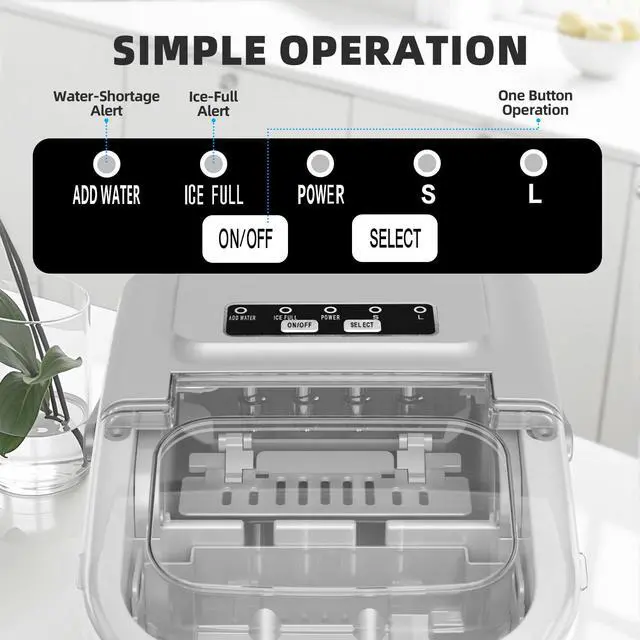 Alt view image 3 of 7 - Countertop Ice Maker, Portable Ice Machine with Carry Handle, 26.5Lbs/24H, 2 Sizes Bullet Ice, 8Cubes in 6 Mins Office/Kitchen/Bar Grey