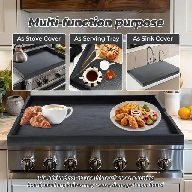 Alt view image 4 of 7 - Noodle Board Stove Cover for Stoves, Wooden Cover Built-in Handles | 30"L x 22"W x 2.4"Th Heavyweight Stove Top Cover For Gas Burners & Electric Stove, Serving Tray, Space Saver, Black