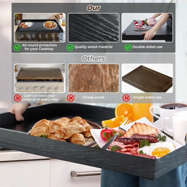 Alt view image 5 of 7 - Noodle Board Stove Cover for Stoves, Wooden Cover Built-in Handles | 30"L x 22"W x 2.4"Th Heavyweight Stove Top Cover For Gas Burners & Electric Stove, Serving Tray, Space Saver, Black