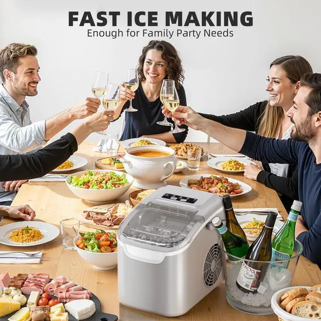 Alt view image 7 of 7 - Countertop Ice Maker, Portable Ice Machine with Carry Handle, 26.5Lbs/24H, 2 Sizes Bullet Ice, 8Cubes in 6 Mins Office/Kitchen/Bar Grey