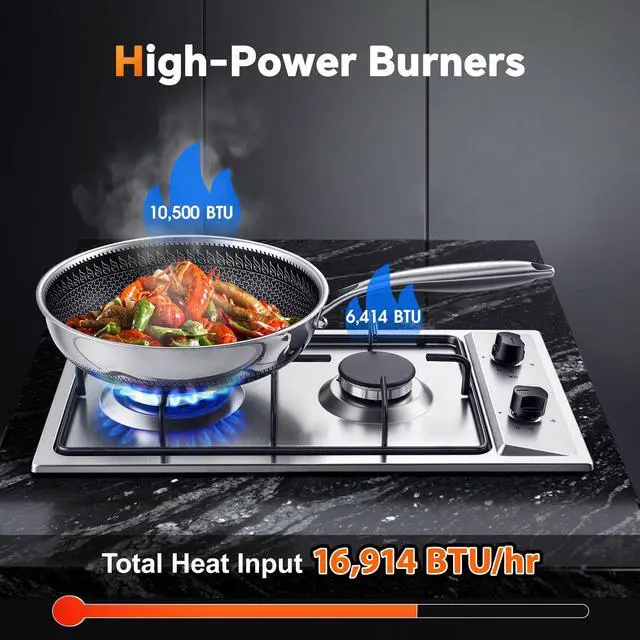 Alt view image 2 of 7 - Gas Cooktop 2 Burner, 12 Inch Built-in Propane Cooktop, NG/LPG Dual Fuel Gas Stove Top with Thermocouple Safety Protection, Stainless Steel Stove for Apartment, Kitchen & RV