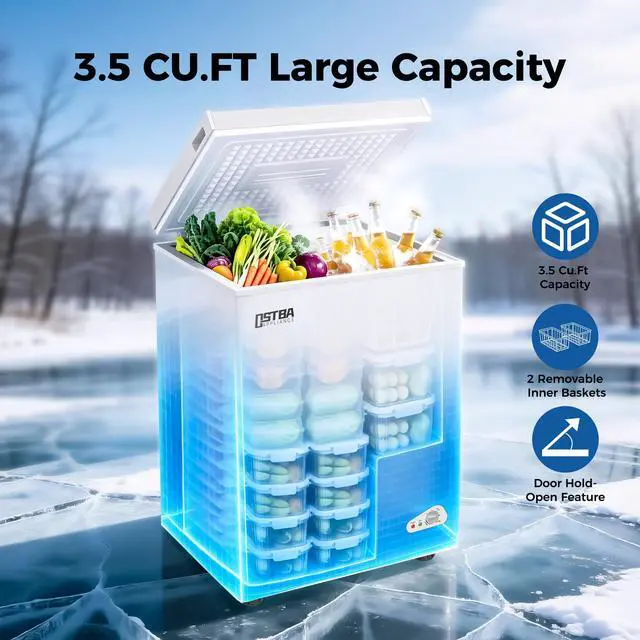 Alt view image 4 of 7 - 3.5 Cu.Ft Chest Freezer, Compact Deep Freezer with 2 Removable Baskets, Bottom Wheels, 6-Level Temperature Control with Fast Freeze Mode, Energy Saving Quiet Freezer, White