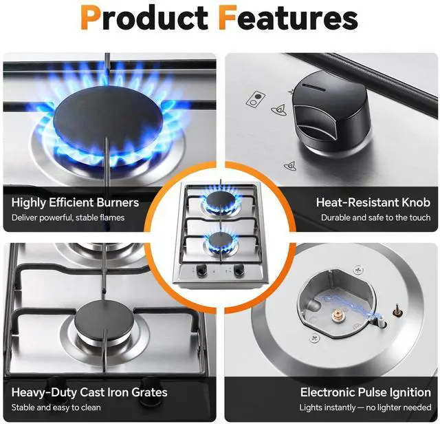 Alt view image 3 of 7 - Gas Cooktop 2 Burner, 12 Inch Built-in Propane Cooktop, NG/LPG Dual Fuel Gas Stove Top with Thermocouple Safety Protection, Stainless Steel Stove for Apartment, Kitchen & RV