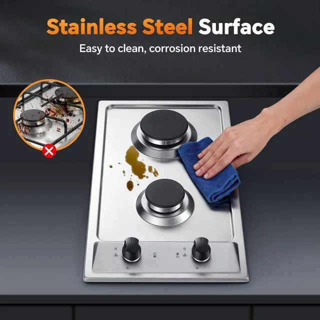 Alt view image 6 of 7 - Gas Cooktop 2 Burner, 12 Inch Built-in Propane Cooktop, NG/LPG Dual Fuel Gas Stove Top with Thermocouple Safety Protection, Stainless Steel Stove for Apartment, Kitchen & RV