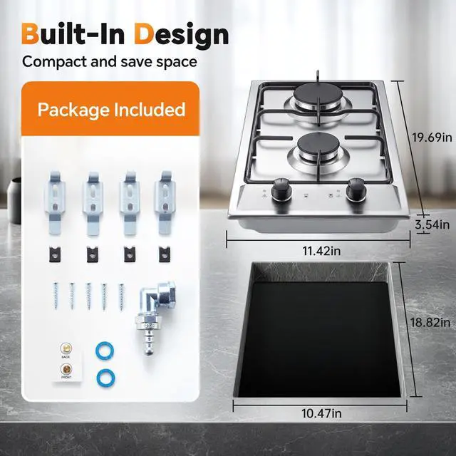 Alt view image 5 of 7 - Gas Cooktop 2 Burner, 12 Inch Built-in Propane Cooktop, NG/LPG Dual Fuel Gas Stove Top with Thermocouple Safety Protection, Stainless Steel Stove for Apartment, Kitchen & RV