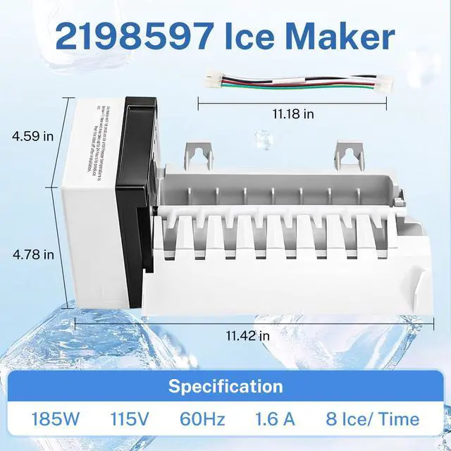 Alt view image 2 of 7 - 2198597 Ice Maker, 185W 115V 60Hz, Fit for Whirlpool, Maytag | High Efficiency Ice Making, Food-grade Materials, Replaces W10122502, 626663, 1016069, 2198678
