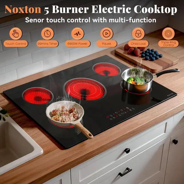 Alt view image 2 of 7 - 30 Inch Electric Cooktop with Triple Ring Expandable Burner, 240V | 5 Burner Ceramic Cooktop, Built-in Radiant Electric Stove Top, 9 Power Levels, Timer, Child Safety Lock, 220-240V Hardwired