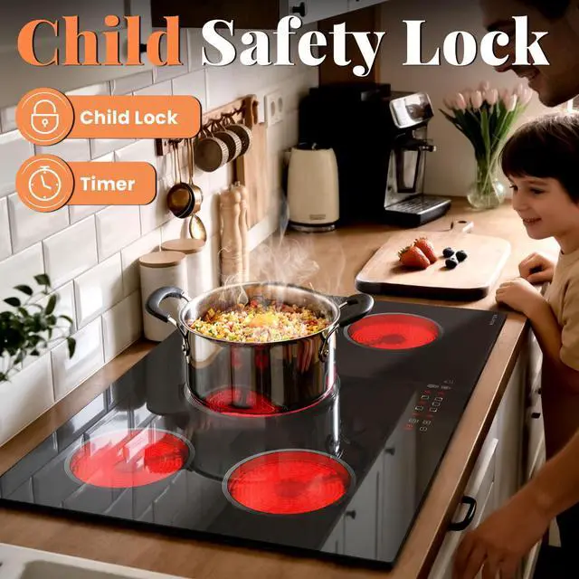 Alt view image 3 of 7 - 30 Inch Electric Cooktop with Triple Ring Expandable Burner, 240V | 5 Burner Ceramic Cooktop, Built-in Radiant Electric Stove Top, 9 Power Levels, Timer, Child Safety Lock, 220-240V Hardwired