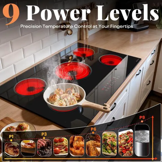 Alt view image 4 of 7 - 30 Inch Electric Cooktop with Triple Ring Expandable Burner, 240V | 5 Burner Ceramic Cooktop, Built-in Radiant Electric Stove Top, 9 Power Levels, Timer, Child Safety Lock, 220-240V Hardwired