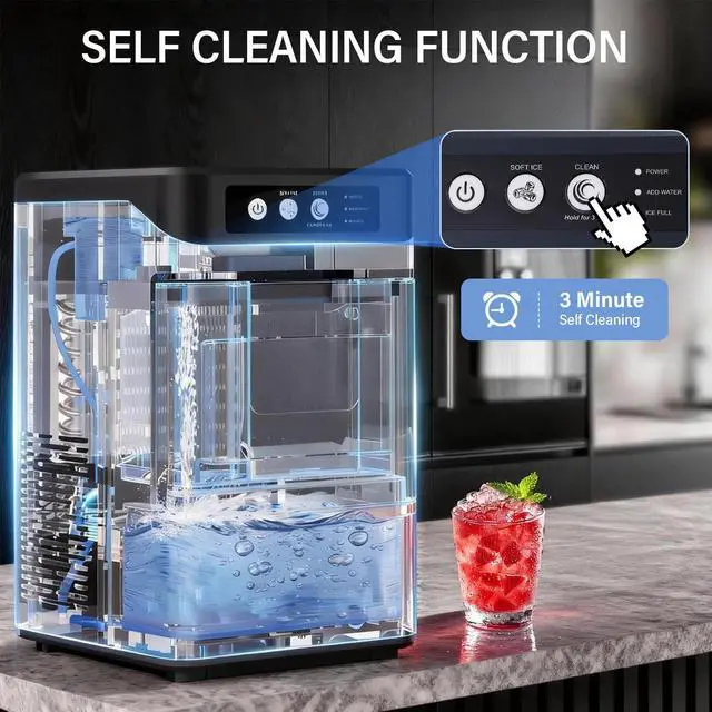 Alt view image 5 of 7 - Countertop Nugget Ice Maker, 44Lbs/24H with 0.8 Gallon Tank, Soft Chewable Pellet Ice Ready in 6min, Self-Cleaning Portable Ice Machine Portable with Ice Scoop for Home (Ice Maker-44Lbs)