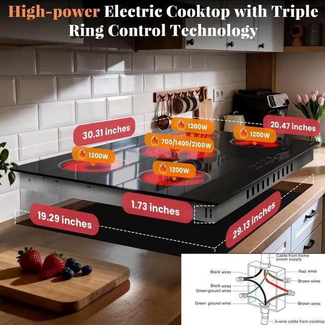 Alt view image 5 of 7 - 30 Inch Electric Cooktop with Triple Ring Expandable Burner, 240V | 5 Burner Ceramic Cooktop, Built-in Radiant Electric Stove Top, 9 Power Levels, Timer, Child Safety Lock, 220-240V Hardwired