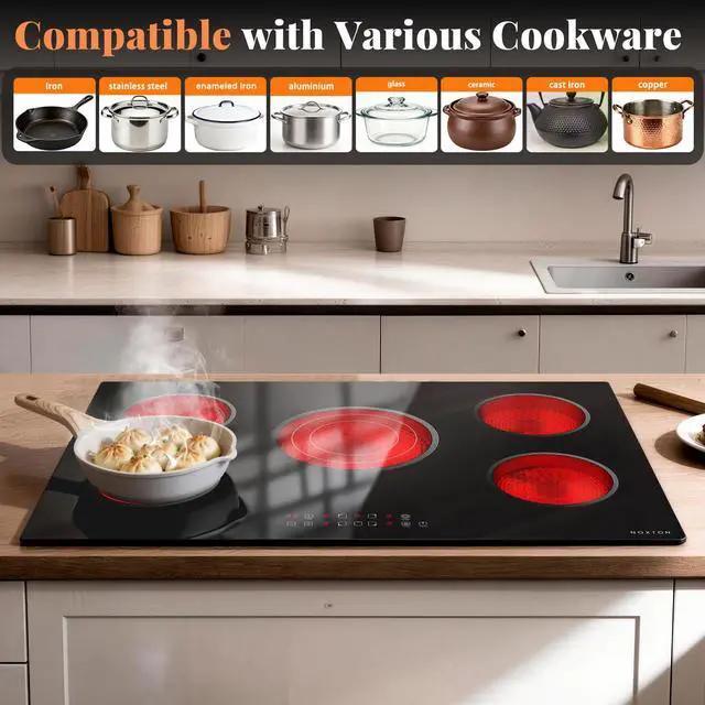 Alt view image 6 of 7 - 30 Inch Electric Cooktop with Triple Ring Expandable Burner, 240V | 5 Burner Ceramic Cooktop, Built-in Radiant Electric Stove Top, 9 Power Levels, Timer, Child Safety Lock, 220-240V Hardwired