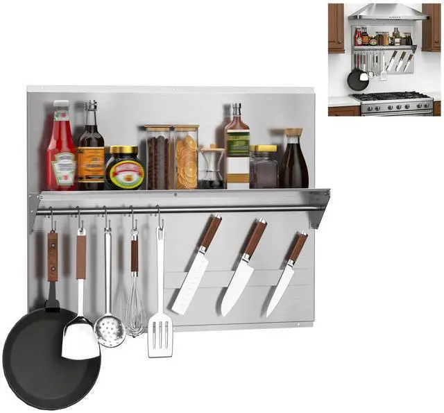 Main image of 30"x24" Stainless Steel Range Backsplash, Stove Backsplash With Storage Shelf & Magnetic Knife Rack, Stainless Steel Backsplash For Stove, Range Hood Wall Shield With Pre-Drilled Holes