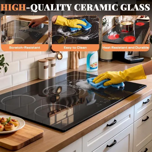 Alt view image 7 of 7 - 30 Inch Electric Cooktop with Triple Ring Expandable Burner, 240V | 5 Burner Ceramic Cooktop, Built-in Radiant Electric Stove Top, 9 Power Levels, Timer, Child Safety Lock, 220-240V Hardwired