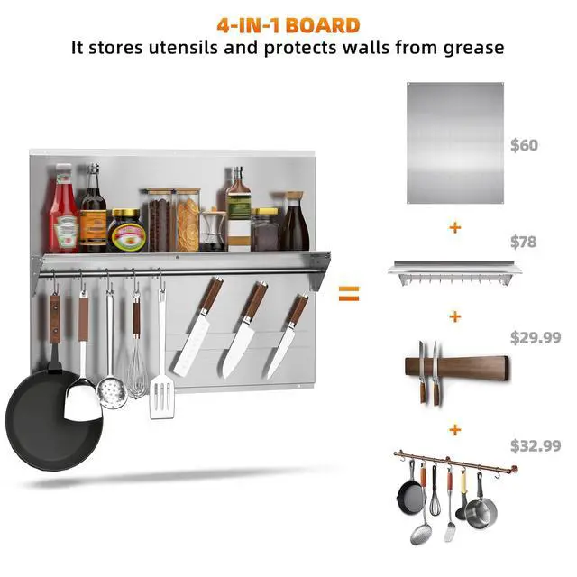 Alt view image 2 of 7 - 30"x24" Stainless Steel Range Backsplash, Stove Backsplash With Storage Shelf & Magnetic Knife Rack, Stainless Steel Backsplash For Stove, Range Hood Wall Shield With Pre-Drilled Holes