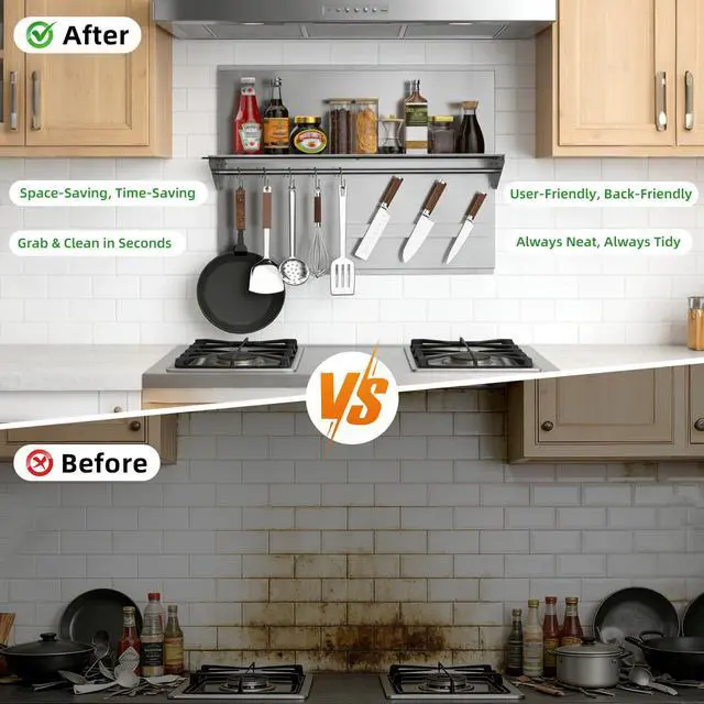 Alt view image 4 of 7 - 30"x24" Stainless Steel Range Backsplash, Stove Backsplash With Storage Shelf & Magnetic Knife Rack, Stainless Steel Backsplash For Stove, Range Hood Wall Shield With Pre-Drilled Holes