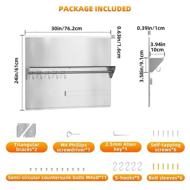 Alt view image 5 of 7 - 30"x24" Stainless Steel Range Backsplash, Stove Backsplash With Storage Shelf & Magnetic Knife Rack, Stainless Steel Backsplash For Stove, Range Hood Wall Shield With Pre-Drilled Holes