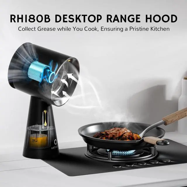 Alt view image 5 of 7 - Portable Range Hood with Rechargeable Battery, 3-Speed Suction Desktop Exhaust Fan, Tabletop Smoke Extractor for Indoor BBQ, Hibachi, RV, Apartment, and Dorm, RH180B Black