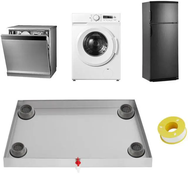 Main image of 28 in x 30 in Washing Machine Pan for Washer and dryer, 304 Stainless Steel Drain Pan, Washer Drip Tray with Drain Hole & Hose Adapte, 4 Pcs Anti-Vibration Washing Machine Feet