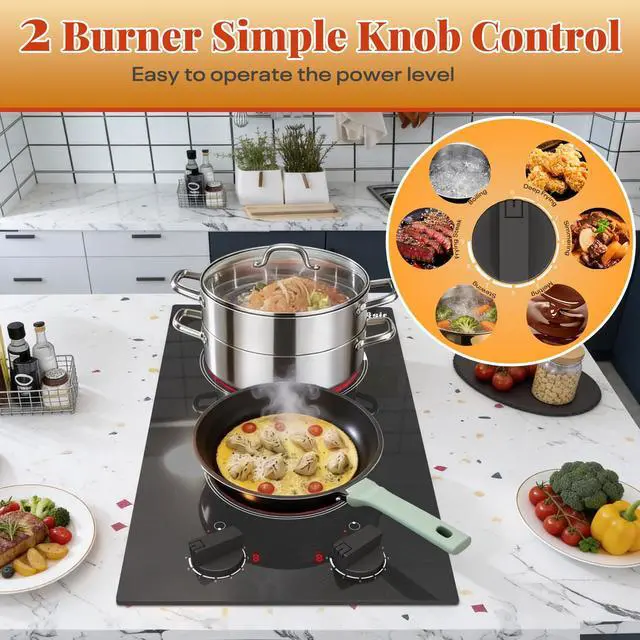 Alt view image 2 of 7 - 2 Burner Electric Cooktop 110V Plug in Knob Control | Two Burner 12 Inch Electric Srovetop with Residual Heat Indicator, Over-Temperature Protection, 110-120V Plug in