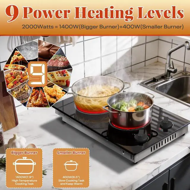 Alt view image 3 of 7 - 2 Burner Electric Cooktop 110V Plug in Knob Control | Two Burner 12 Inch Electric Srovetop with Residual Heat Indicator, Over-Temperature Protection, 110-120V Plug in