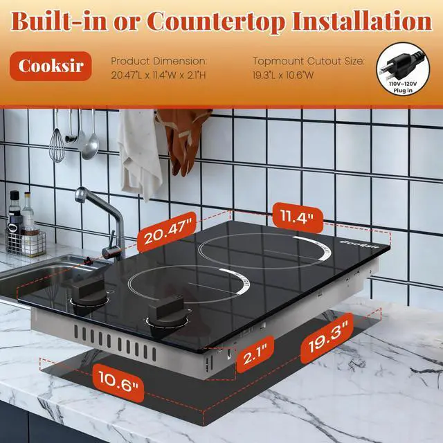 Alt view image 4 of 7 - 2 Burner Electric Cooktop 110V Plug in Knob Control | Two Burner 12 Inch Electric Srovetop with Residual Heat Indicator, Over-Temperature Protection, 110-120V Plug in