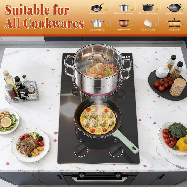 Alt view image 6 of 7 - 2 Burner Electric Cooktop 110V Plug in Knob Control | Two Burner 12 Inch Electric Srovetop with Residual Heat Indicator, Over-Temperature Protection, 110-120V Plug in