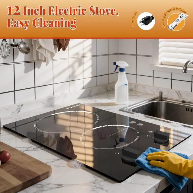 Alt view image 7 of 7 - 2 Burner Electric Cooktop 110V Plug in Knob Control | Two Burner 12 Inch Electric Srovetop with Residual Heat Indicator, Over-Temperature Protection, 110-120V Plug in