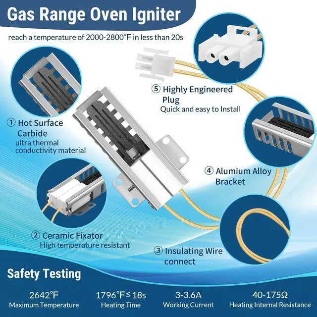 Alt view image 5 of 7 - 4 Pcs Gas Oven Igniter Compatible with WB13K21, IG9998, AP2020569 PS231280 | Compatible with GE Hotpoint Kenmore, Fix No Heat, Slow Ignition, Uneven Baking, Fast Heating, Easy Range Repair Replacement