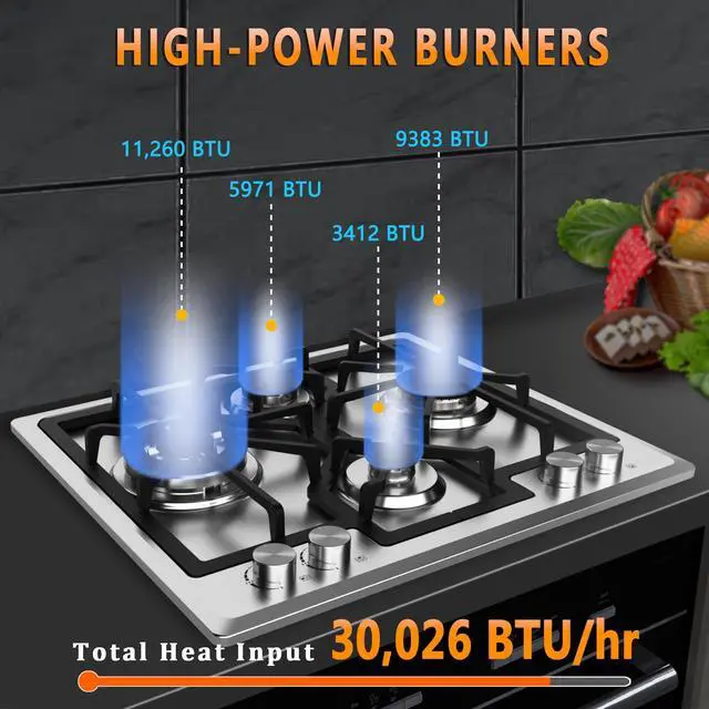 Alt view image 2 of 6 - 24 Inch Gas Cooktop, Built-In 4 Burner Gas Stove Top, NG/LPG Convertible Stainless Steel Cooktop with Thermocouple Protection, Sealed Burners