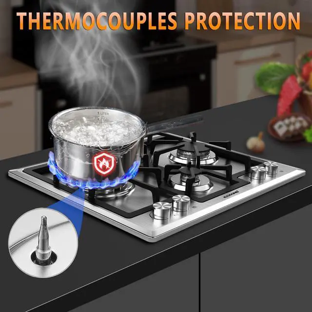 Alt view image 3 of 6 - 24 Inch Gas Cooktop, Built-In 4 Burner Gas Stove Top, NG/LPG Convertible Stainless Steel Cooktop with Thermocouple Protection, Sealed Burners