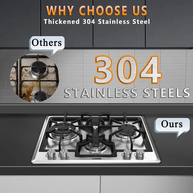 Alt view image 4 of 6 - 24 Inch Gas Cooktop, Built-In 4 Burner Gas Stove Top, NG/LPG Convertible Stainless Steel Cooktop with Thermocouple Protection, Sealed Burners