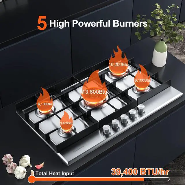Alt view image 2 of 7 - 30 inch Gas Cooktop, Gas Stove Top with 5 High Efficiency Burners, Built-in Stainless Steel Propane Cooktop for Kitchen, NG/LPG Convertible Stovetop, Thermocouple Protection