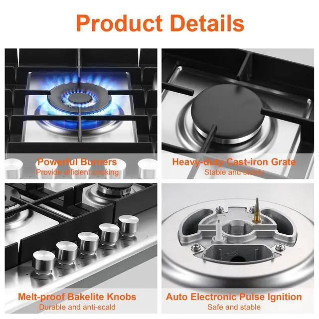 Alt view image 3 of 7 - 30 inch Gas Cooktop, Gas Stove Top with 5 High Efficiency Burners, Built-in Stainless Steel Propane Cooktop for Kitchen, NG/LPG Convertible Stovetop, Thermocouple Protection